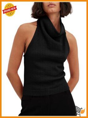 Womens Turtleneck Sweater Vest Sleeveless Backless Lace-Up Knit Tank Top
